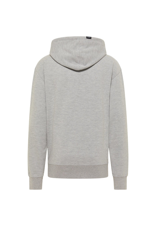 Rückansicht des Hoodie Spektrum von RECARO in Hellgrau mit langen Ärmeln und gerippten Bündchen und Saum vor weißem Hintergrund – eine subtile Anspielung auf den Retro-Stil.