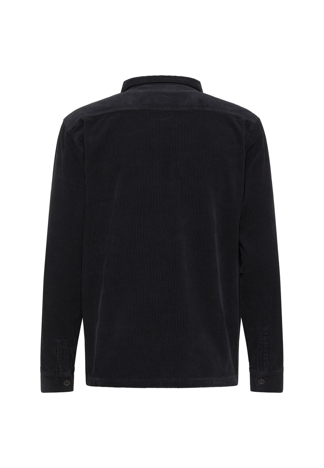 Rückansicht der langärmeligen, schwarzen Hemdjacke Cord Originals von Recaro , gefertigt aus hochwertigem Cordstoff mit Kragen und geknöpften Manschetten, abgebildet vor einem schlichten weißen Hintergrund.
