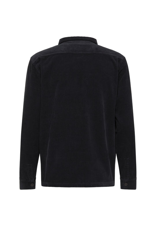 Rückansicht der langärmeligen, schwarzen Hemdjacke Cord Originals von Recaro , gefertigt aus hochwertigem Cordstoff mit Kragen und geknöpften Manschetten, abgebildet vor einem schlichten weißen Hintergrund.