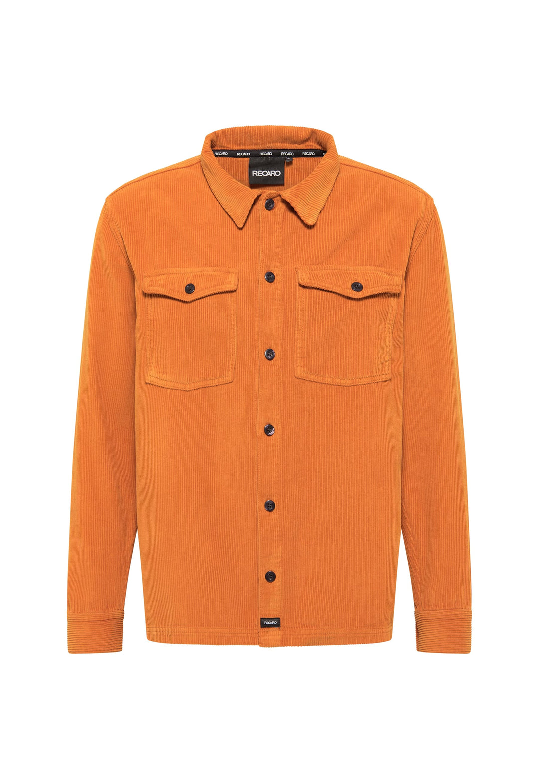 Die Hemdjacke Cord Originals von Recaro_Merch_Daniel ist ein langärmliges orangefarbenes Cord-Überhemd mit schwarzen Knöpfen, Kragen und zwei Brusttaschen auf weißem Hintergrund.