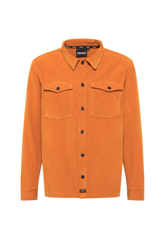 Die Hemdjacke Cord Originals von Recaro_Merch_Daniel ist ein langärmliges orangefarbenes Cord-Überhemd mit schwarzen Knöpfen, Kragen und zwei Brusttaschen auf weißem Hintergrund.
