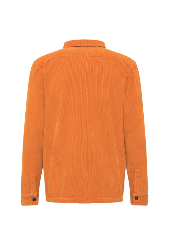 Eine Rückansicht der orangefarbenen Hemdjacke Cord Originals von Recaro_Merch_Daniel, ein Langarmhemd mit Kragen und geknöpften Manschetten und ohne sichtbare Muster, hergestellt aus hochwertigem Cordstoff für einen authentischen RECARO Heritage-Stil.