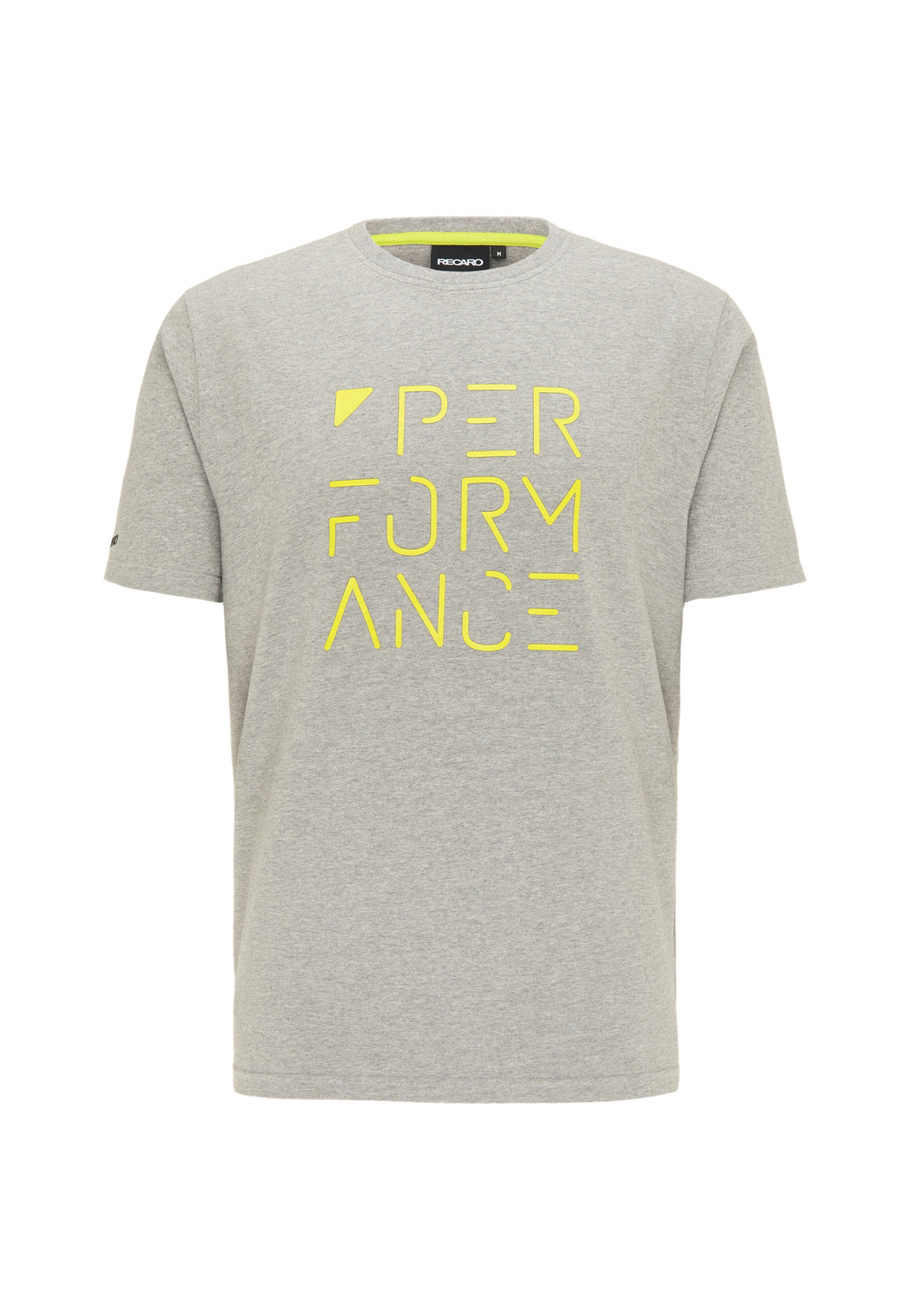 Das T-Shirt Performance von Recaro_Merch_Daniel ist ein hellgraues Kurzarm-T-Shirt mit lockerer Passform, einem kräftigen gelben geometrischen „PERFORMANCE“-Aufdruck auf der Vorderseite und einem dezenten RECARO-Logodetail.