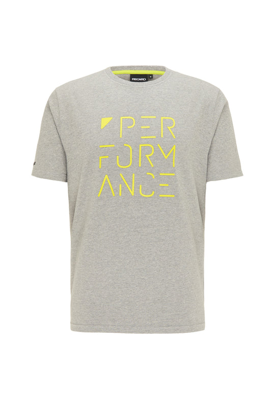 Das T-Shirt Performance von Recaro_Merch_Daniel ist ein hellgraues Kurzarm-T-Shirt mit lockerer Passform, einem kräftigen gelben geometrischen „PERFORMANCE“-Aufdruck auf der Vorderseite und einem dezenten RECARO-Logodetail.