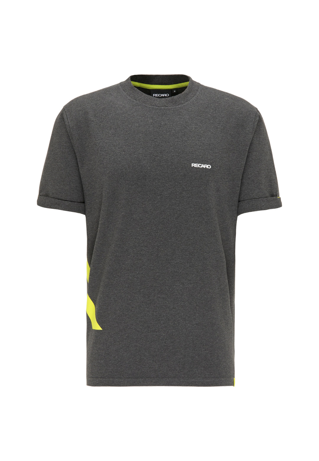 Das T-Shirt One Brand One Goal von RECARO ist ein dunkelgraues Kurzarm-T-Shirt mit einem kleinen weißen RECARO-Logo auf der linken Brust und gelben Akzenten, inspiriert vom RECARO Premium-Gaming-Seat Sportsitz.