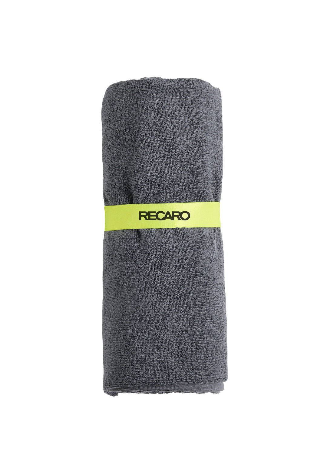 Das extra große, dunkelgraue Fitness- und Freizeithandtuch Performance von RECARO aus Baumwoll-Zwirnfrottee ist zusammengerollt und mit einem hellgelben Band samt schwarzem Recaro-Schriftzug gesichert.