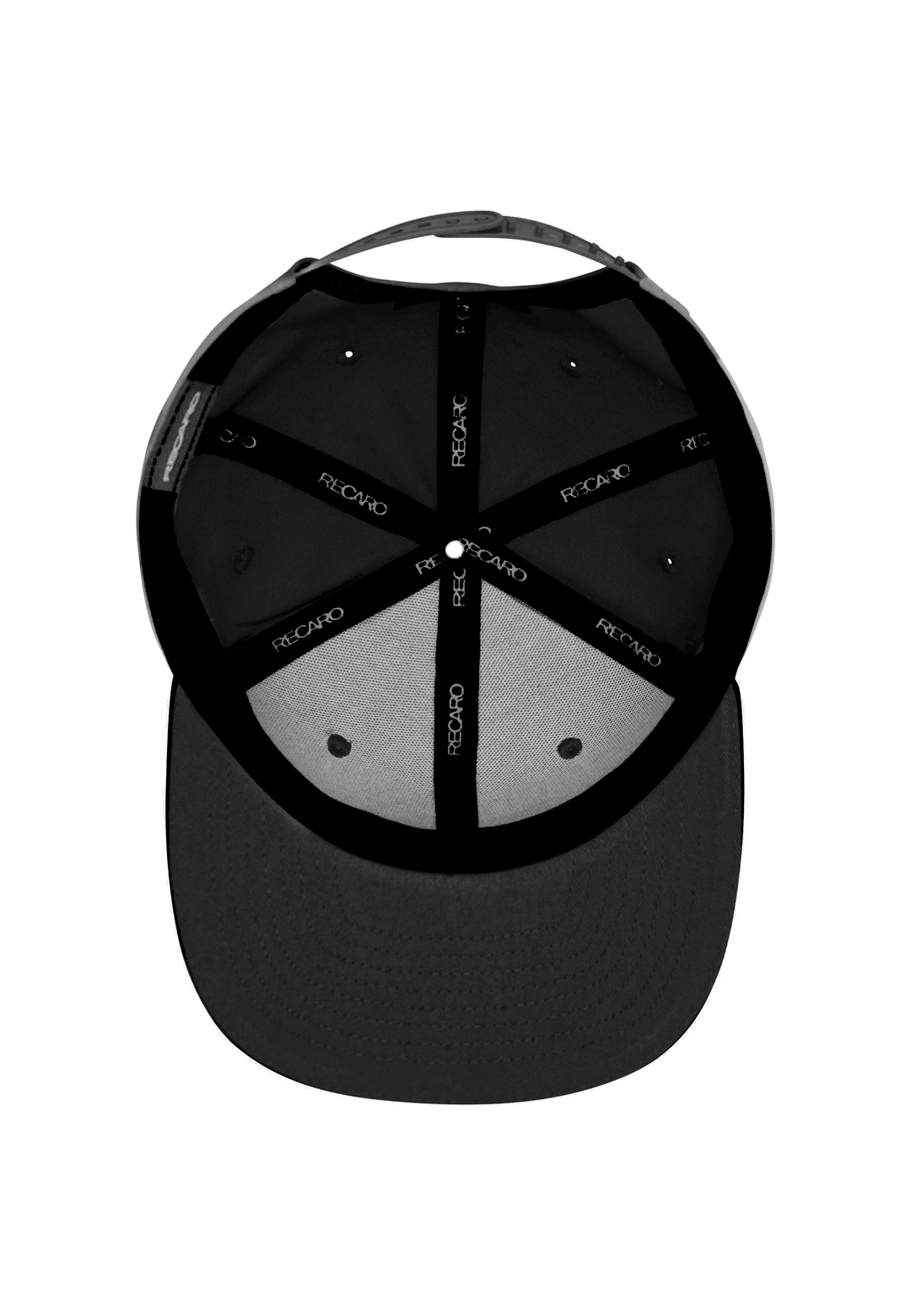 Eine Draufsicht auf die Snapback Cap Spektrum von RECARO_Merchandising mit schwarzen Innennähten und Schweißband, auf die Innenbänder ist wiederholt das RECARO-Branding aufgedruckt, was für einen auffälligen, retro-inspirierten Stil sorgt.
