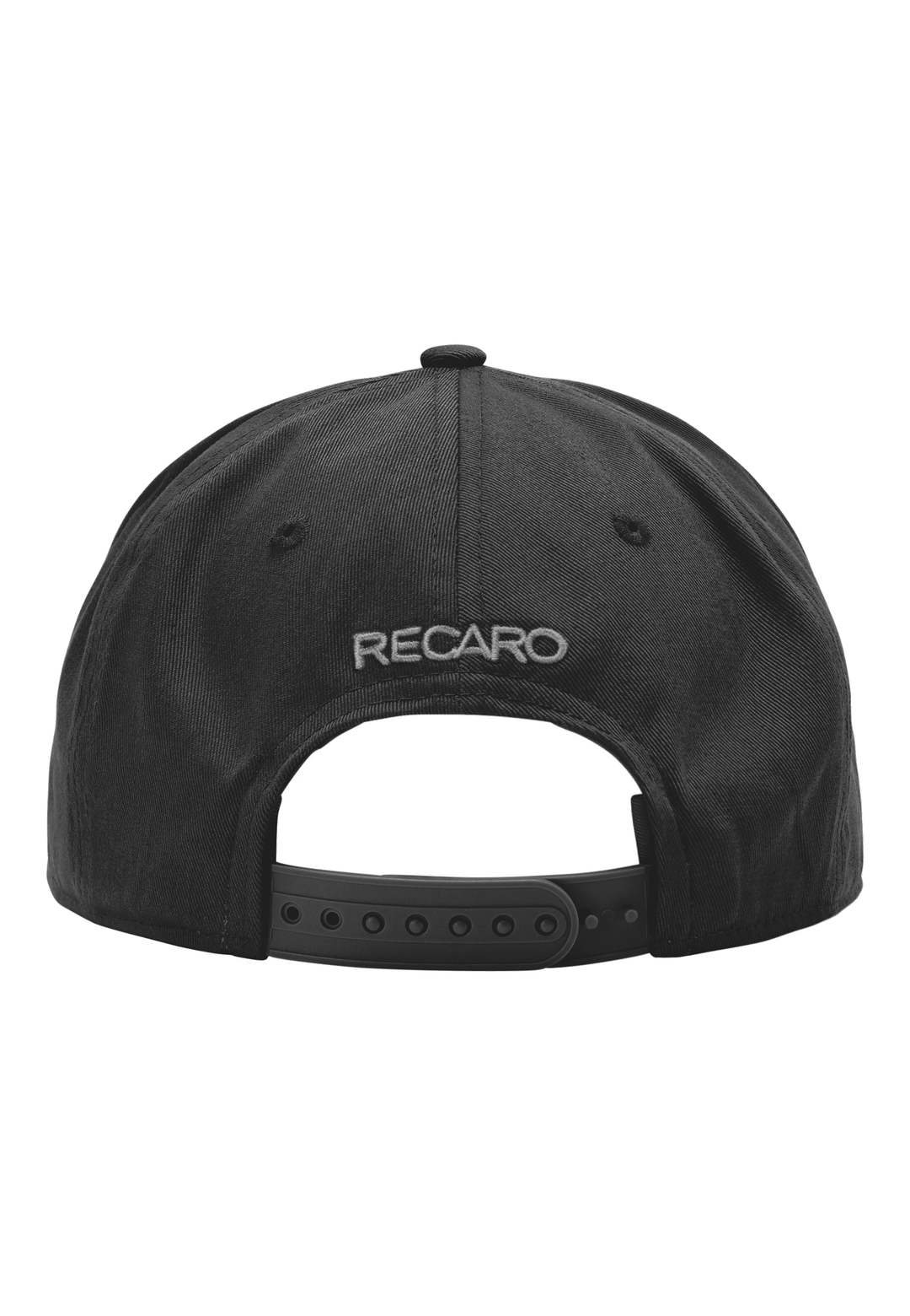Die Snapback Cap Spektrum von RECARO_Merchandising besteht aus schwarzem Stoff und einem weißen RECARO-Logo, das über dem verstellbaren Rückenverschluss gestickt ist und einen klassischen Retro-Look bietet.
