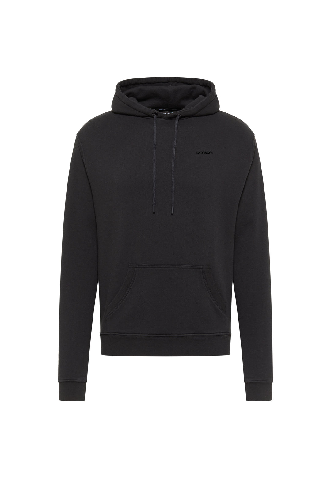 Der Hoodie Originals Basic von RECARO ist ein schlichter schwarzer Hoodie mit lockerer Passform, einer Beuteltasche auf der Vorderseite, Kordelzug und einem dezenten Logo auf der linken Brustseite. Er besteht aus weicher Baumwolle und ist auf weißem Hintergrund abgebildet.