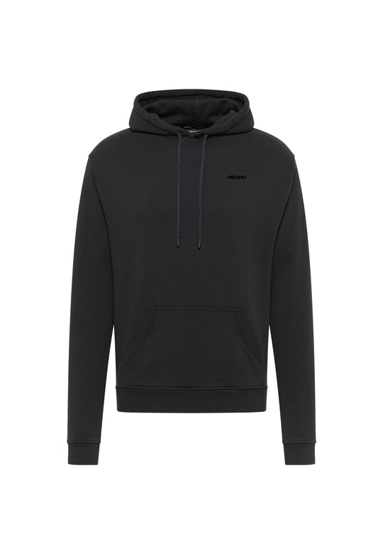 Der Hoodie Originals Basic von RECARO ist ein schlichter schwarzer Hoodie mit lockerer Passform, einer Beuteltasche auf der Vorderseite, Kordelzug und einem dezenten Logo auf der linken Brustseite. Er besteht aus weicher Baumwolle und ist auf weißem Hintergrund abgebildet.