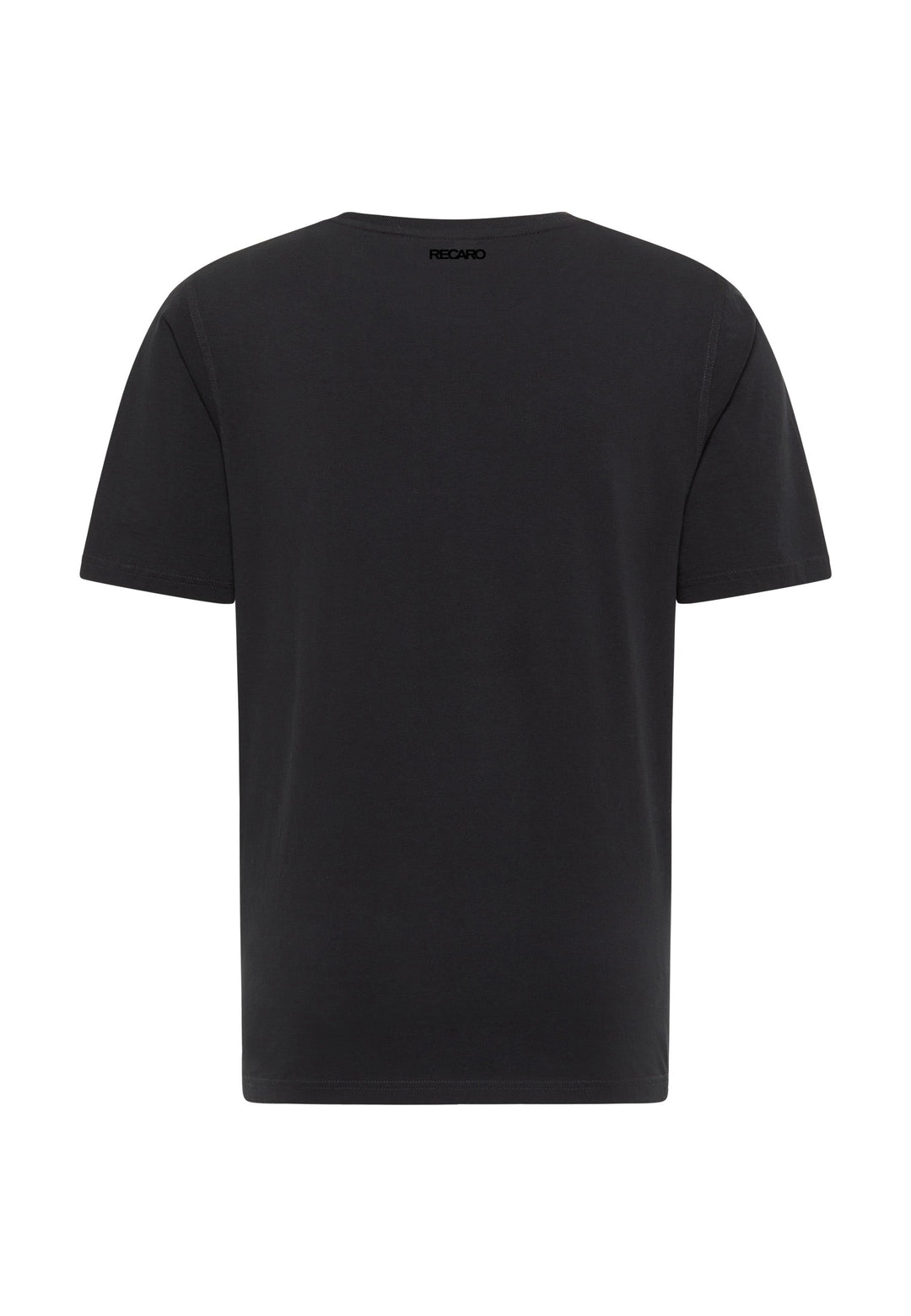 Ein schlichtes schwarzes T-Shirt Originals Basic von RECARO  von hinten abgebildet, mit einem kleinen RECARO-Logo oben mittig unter dem Kragen.