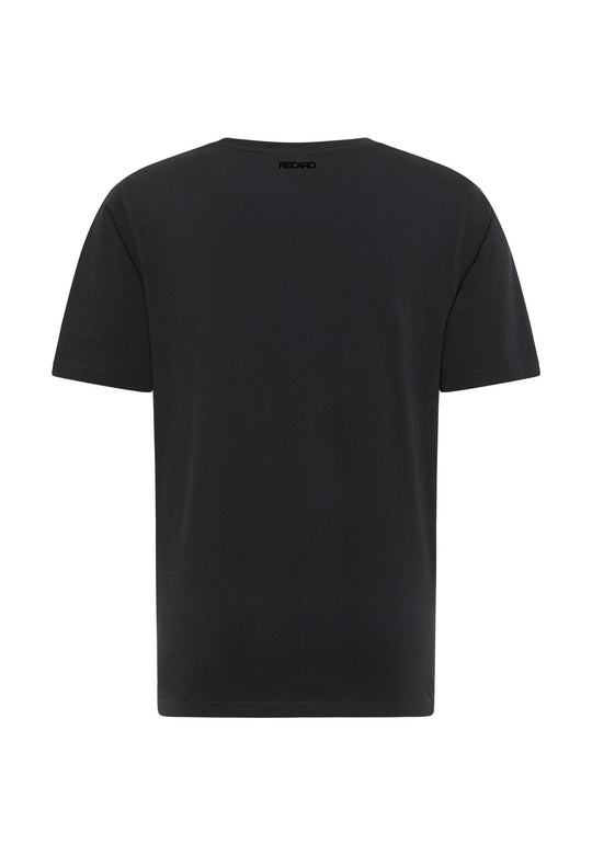 Ein schlichtes schwarzes T-Shirt Originals Basic von RECARO  von hinten abgebildet, mit einem kleinen RECARO-Logo oben mittig unter dem Kragen.