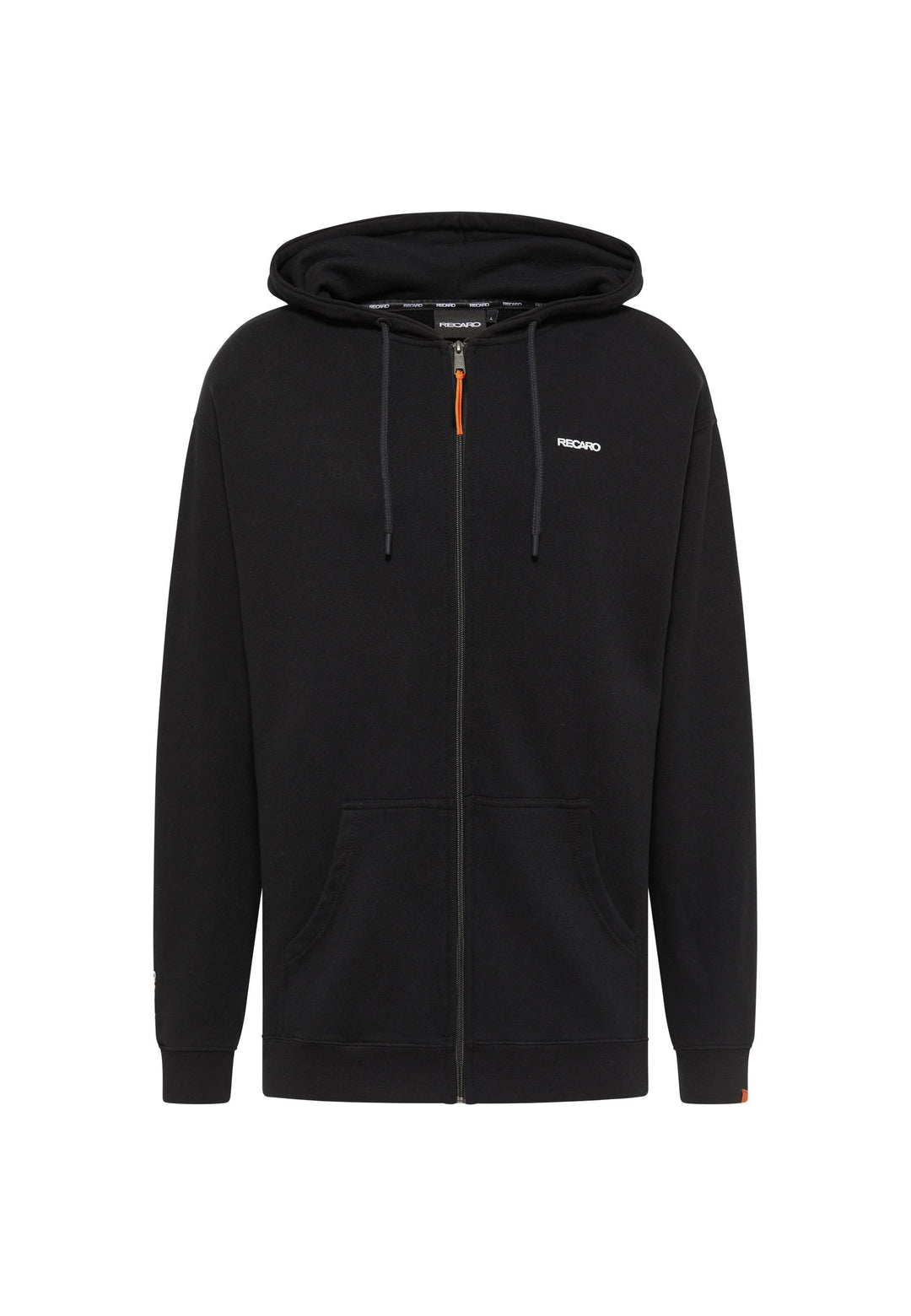 Die Unisex-Hoodiejacke Originals von Recarost eine schwarze Reißverschlussjacke mit entspannter Passform, Kapuze mit Kordelzug, Fronttaschen und einem kleinen weißen RECARO-Logo auf der linken Brust.