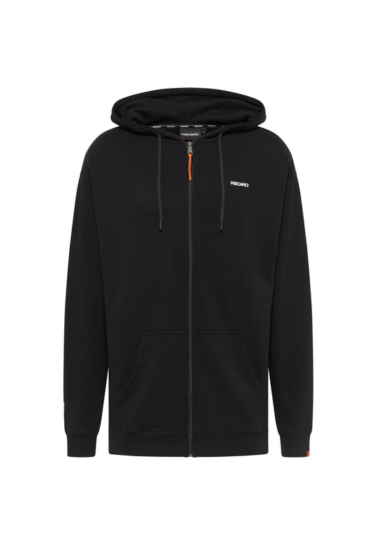 Die Unisex-Hoodiejacke Originals von Recarost eine schwarze Reißverschlussjacke mit entspannter Passform, Kapuze mit Kordelzug, Fronttaschen und einem kleinen weißen RECARO-Logo auf der linken Brust.