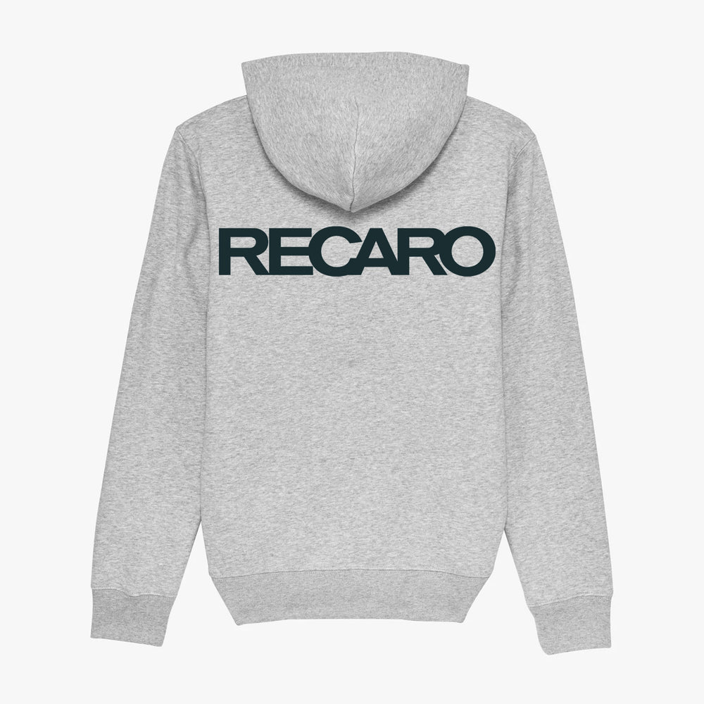 Der LMG x RECARO Hoodie von Recaro hat ein hellgraues Design mit Kapuze und einem kräftigen schwarzen RECARO-Schriftzug auf der Rückseite und feiert den Geist des LMG Racing Club in der GT4 European Series.