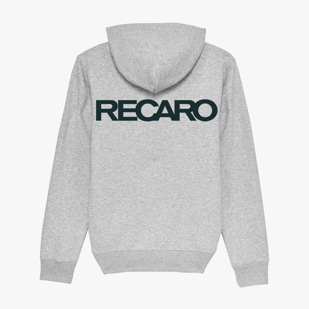 Der LMG x RECARO Hoodie von Recaro hat ein hellgraues Design mit Kapuze und einem kräftigen schwarzen RECARO-Schriftzug auf der Rückseite und feiert den Geist des LMG Racing Club in der GT4 European Series.