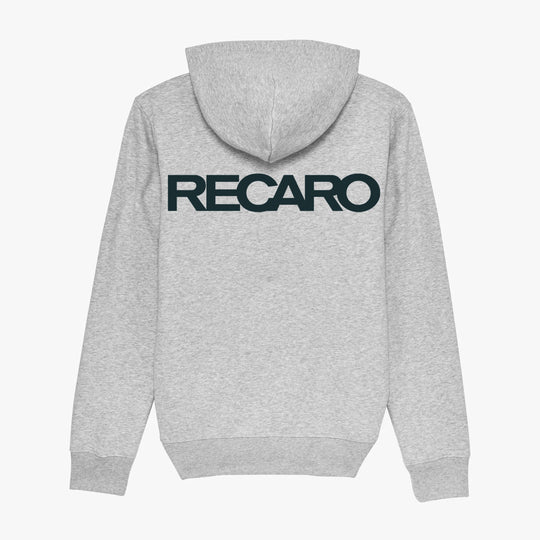 Der LMG x RECARO Hoodie von Recaro hat ein hellgraues Design mit Kapuze und einem kräftigen schwarzen RECARO-Schriftzug auf der Rückseite und feiert den Geist des LMG Racing Club in der GT4 European Series.