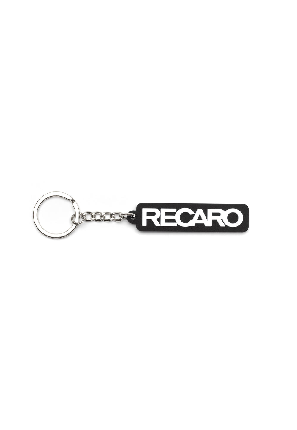 Der Schlüsselanhänger Originals RECARO BLACKWEEK aus dem RECARO Shop ist ein schwarzer, rechteckiger Gummischlüsselanhänger mit Metallring und Kette, auf dem in fetten, weißen Buchstaben "RECARO" steht und für einen sportlichen Look sorgt.