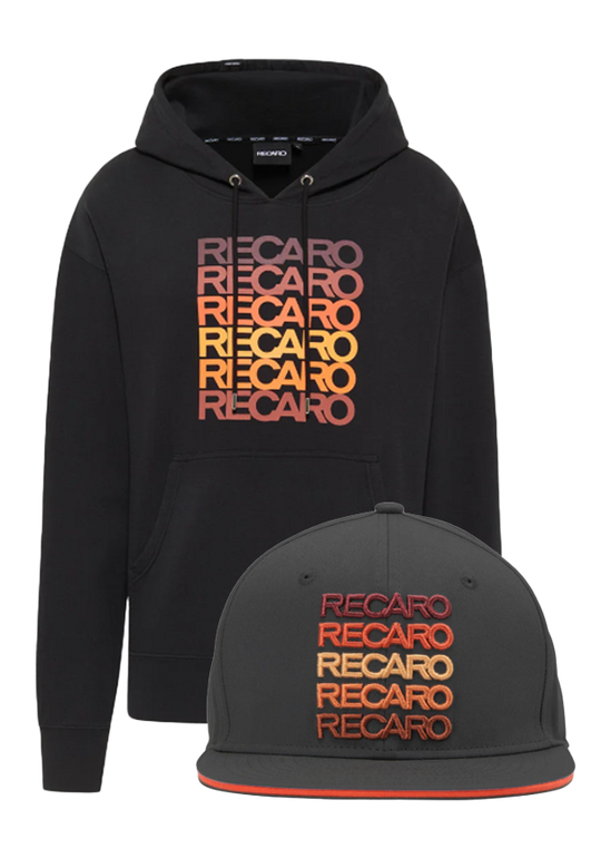 Der RECARO Hoodie Spektrum ist ein schwarzer Unisex-Hoodie mit passender Kappe, beide zeigen auf der Vorderseite fünfmal „RECARO“ in einem Retro-Farbverlauf aus Rot, Orange und Gelb.