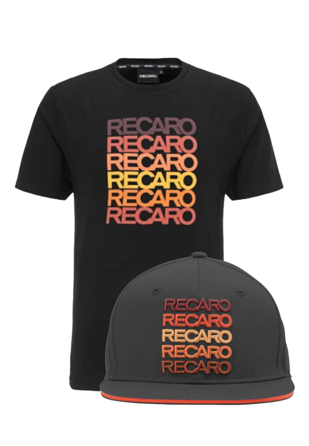 Das RECARO Shop Spektrum-Bundle beinhaltet ein schwarzes T-Shirt und ein Snapback Cap, beide im Spektrum-Design im Retro-Look – fünfmal „RECARO“ gestapelt in einem Rot-Gelb-Farbverlauf.