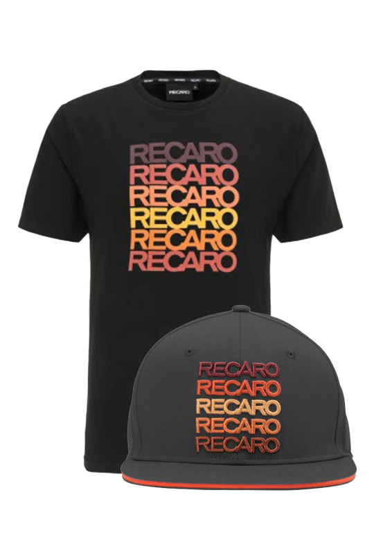 Das RECARO Shop Spektrum-Bundle beinhaltet ein schwarzes T-Shirt und ein Snapback Cap, beide im Spektrum-Design im Retro-Look – fünfmal „RECARO“ gestapelt in einem Rot-Gelb-Farbverlauf.