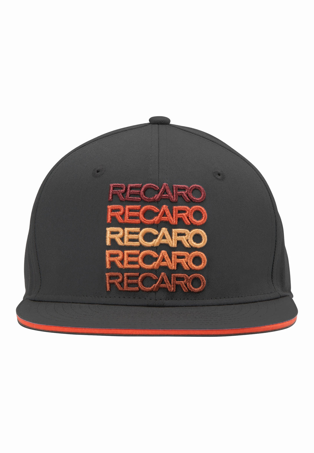 Die RECARO Shop Spektrum Cap & Poster besteht aus einer schwarzen Snapback-Cap mit aufgesticktem "RECARO" in Rot, Orange, Gelb und Gold auf der Vorderseite und einer orangefarbenen Krempe - ideal für Fans der RECARO Spektrum Kollektion.
