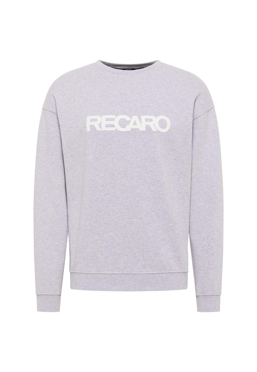 Das RECARO  Sweatshirt Originals Rubber Logo ist ein hellgraues, locker geschnittenes Langarm-Sweatshirt aus weichem Baumwollmischgewebe mit einem auffälligen weißen RECARO-Schriftzug auf der Brust auf schlichtem Hintergrund.