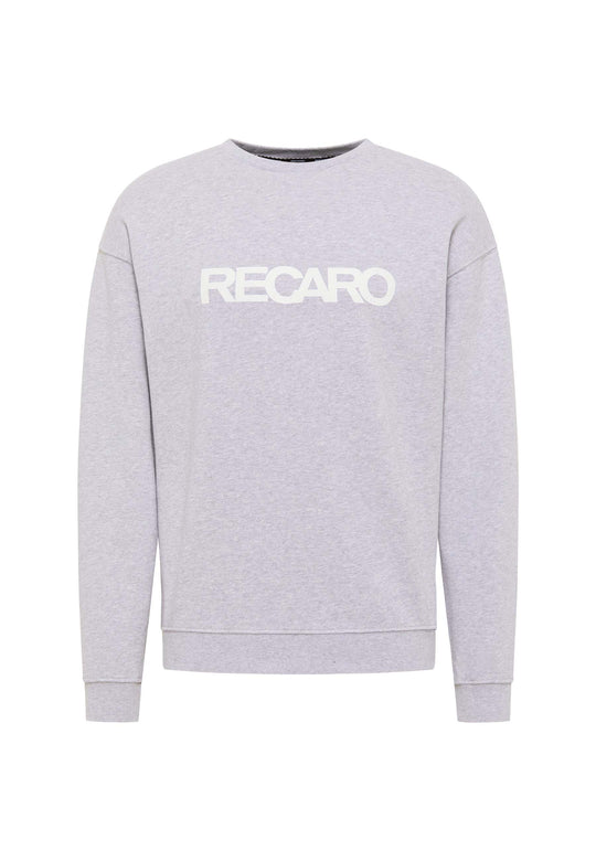 Das RECARO  Sweatshirt Originals Rubber Logo ist ein hellgraues, locker geschnittenes Langarm-Sweatshirt aus weichem Baumwollmischgewebe mit einem auffälligen weißen RECARO-Schriftzug auf der Brust auf schlichtem Hintergrund.