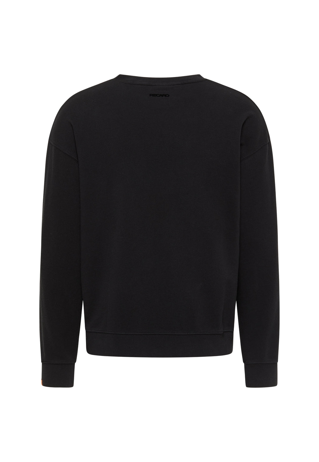 Rückansicht des RECARO Sweatshirt Originals Rubber Logo aus weichem Baumwollmischgewebe mit Rundhalsausschnitt, gerippten Bündchen und geradem Saum vor weißem Hintergrund.