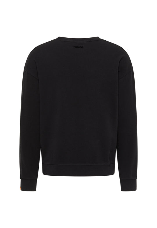 Rückansicht des RECARO Sweatshirt Originals Rubber Logo aus weichem Baumwollmischgewebe mit Rundhalsausschnitt, gerippten Bündchen und geradem Saum vor weißem Hintergrund.