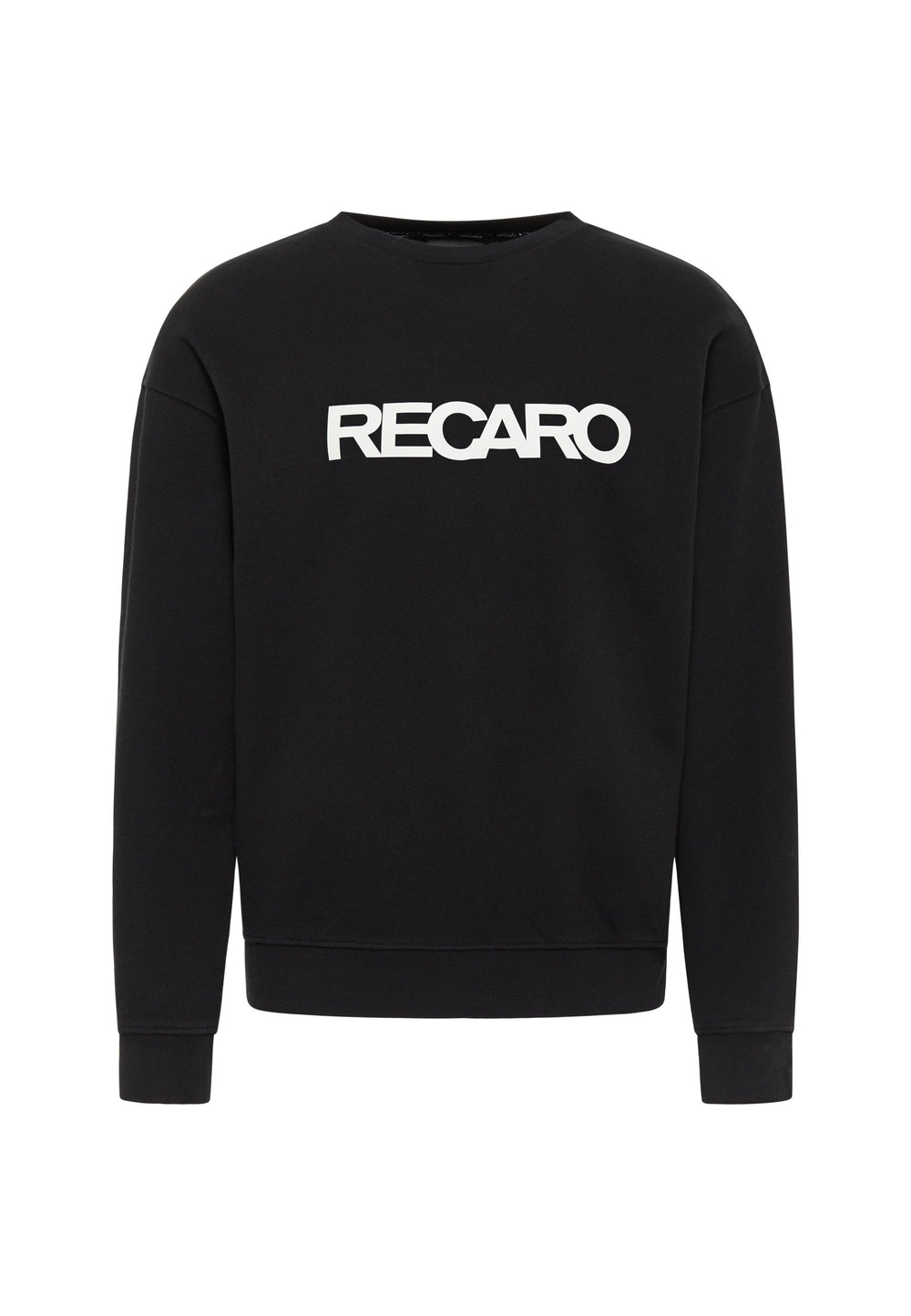 Das RECARO  Sweatshirt Originals Rubber Logo ist ein schwarzes, locker geschnittenes Langarm-Sweatshirt aus weichem Baumwollmischgewebe mit einem auffälligen weißen RECARO-Schriftzug auf der Brust.