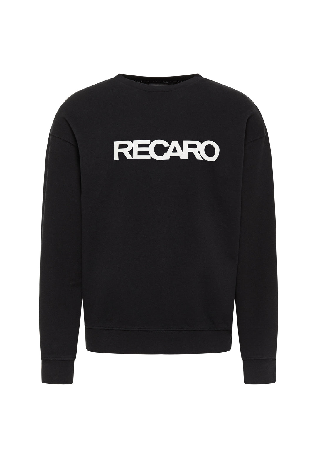Das RECARO  Sweatshirt Originals Rubber Logo ist ein schwarzes, locker geschnittenes Langarm-Sweatshirt aus weichem Baumwollmischgewebe mit einem auffälligen weißen RECARO-Schriftzug auf der Brust.