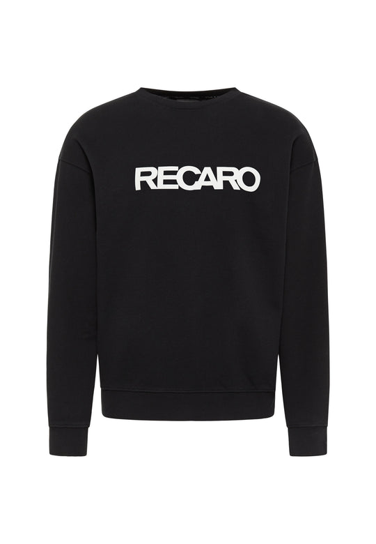 Das RECARO  Sweatshirt Originals Rubber Logo ist ein schwarzes, locker geschnittenes Langarm-Sweatshirt aus weichem Baumwollmischgewebe mit einem auffälligen weißen RECARO-Schriftzug auf der Brust.