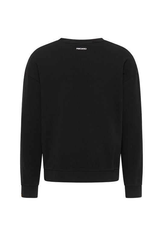 Das RECARO Sweatshirt Originals Rubber Logo präsentiert sich von hinten in schlichtem Schwarz mit langen Ärmeln und einem kleinen weißen RECARO Logo am Halsausschnitt. Es besteht aus einer weichen Baumwollmischung, hat eine lockere Passform und ist ohne weitere sichtbare Muster oder Grafiken.