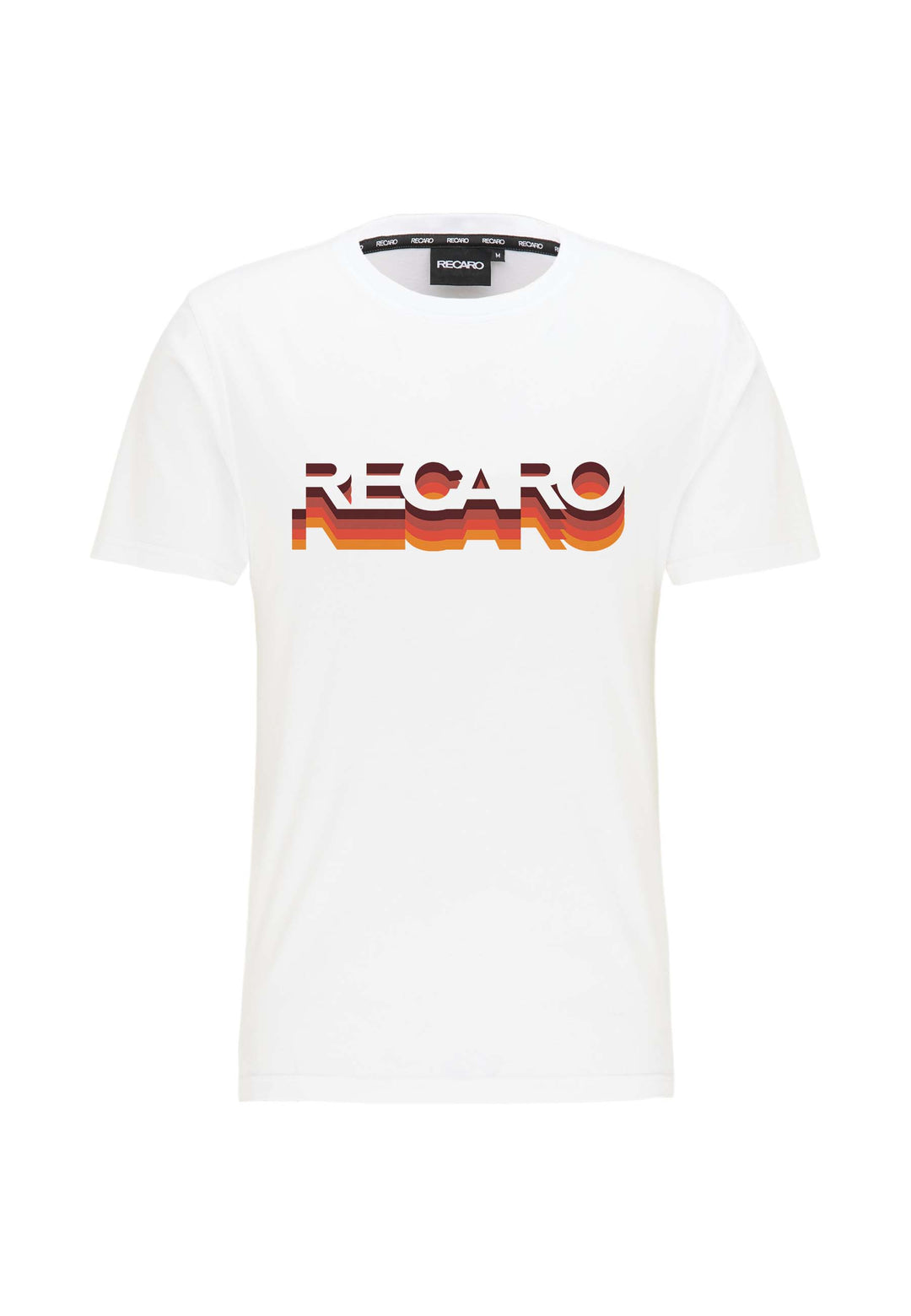 Das RECARO T-Shirt Gradient ist ein weißes T-Shirt mit fetten Buchstaben im Retro-Stil auf der Brust, hervorgehoben durch einen leuchtenden Schattenverlaufseffekt in Rot, Orange und Gelb.