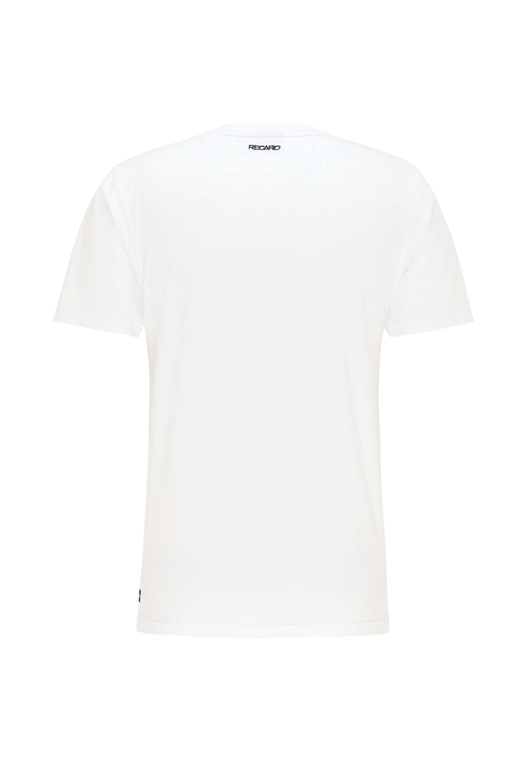 Das RECARO T-Shirt Gradient ist ein schlichtes weißes Kurzarm-T-Shirt von hinten mit einem kleinen Logo am Halsausschnitt und einem einfachen, klassischen Design ohne sichtbare Muster oder Grafiken.