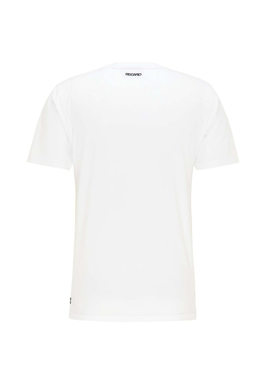 Das RECARO T-Shirt Gradient ist ein schlichtes weißes Kurzarm-T-Shirt von hinten mit einem kleinen Logo am Halsausschnitt und einem einfachen, klassischen Design ohne sichtbare Muster oder Grafiken.