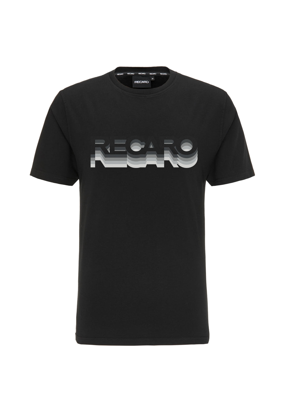 Das RECARO T-Shirt Gradient zeigt den fettgedruckten Markennamen in Großbuchstaben mit einem auffälligen Grauverlauf, der auf der Brust einen modernen 3D-Effekt erzeugt.
