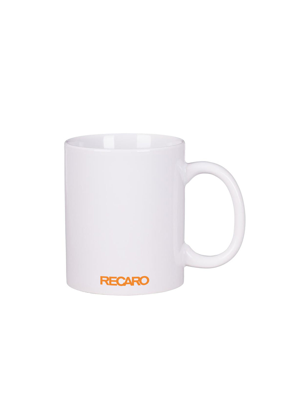 Die Tasse Spektrum von RECARO_Merchandising ist ein schlichter weißer Becher mit Henkel, der unten einen kräftigen orangefarbenen RECARO-Schriftzug trägt und ein elegantes Spektrum-Design aufweist.