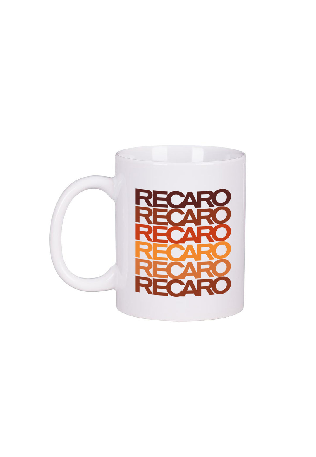 Die Tasse Spektrum von RECARO zeigt einen fettgedruckten, gestapelten RECARO-Text, der sechsmal in einem Farbverlauf von Dunkelbraun nach Orange gedruckt ist – eine auffällige weiße Keramiktasse, ideal für jede RECARO-Tassensammlung.