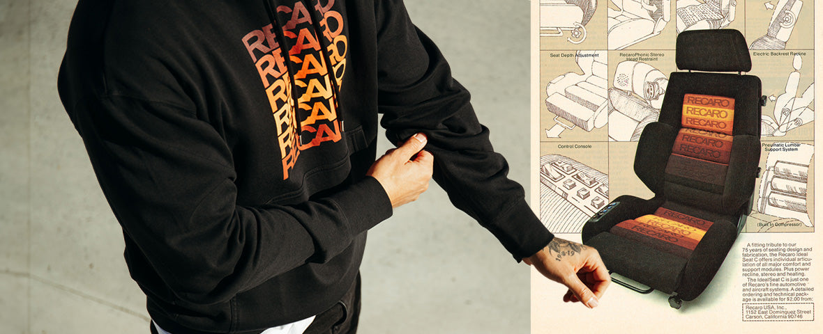 Eine Person, die einen schwarzen Kapuzenpullover mit einem bunten RECARO-Logo trägt, steht neben einer Vintage-Werbung, die einen Autositz mit demselben Logo und Design zeigt, umgeben von illustrierten Autositzdiagrammen.