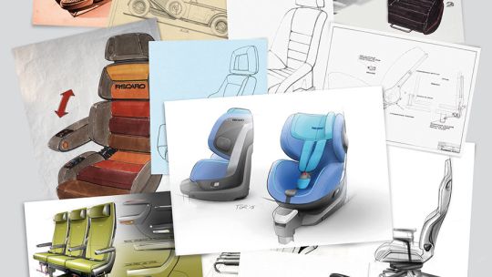 Eine Collage aus verschiedenen Designskizzen und -zeichnungen von Autositzen, einschließlich detaillierter Darstellungen, farbiger Illustrationen und technischer Diagramme, die unterschiedliche Stile und Funktionen zeigen.