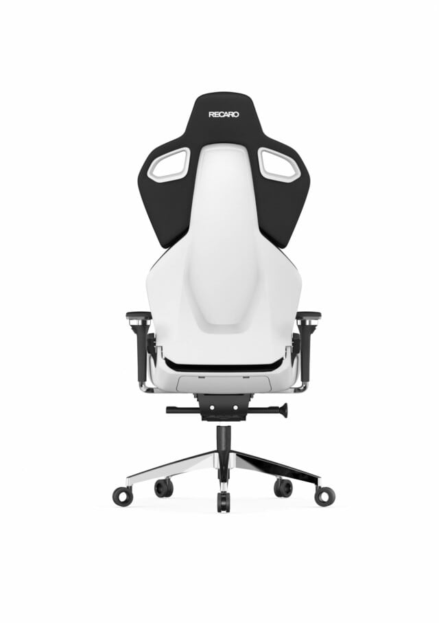 Der RECARO Exo Platinum von RECARO Gaming ist ein moderner weiß-schwarzer ergonomischer Bürostuhl mit hoher Rückenlehne, fünf Spezialrollen und dem Markennamen auf der Kopfstütze, der von hinten auf einem schlichten weißen Hintergrund abgebildet ist.