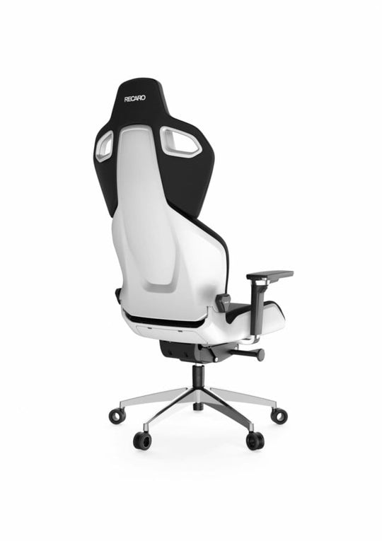 Der RECARO Exo Platinum von RECARO Gaming ist ein moderner ergonomischer Bürostuhl mit hoher Rückenlehne, schwarz-weißem Design, verstellbaren Armlehnen, Spezialrollen, fünf Lenkrollen und atmungsaktiven Materialien (Rückansicht).