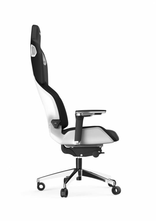 Der RECARO Shop RECARO Exo Platinum, ein moderner ergonomischer Bürostuhl in Weiß und Schwarz mit verstellbaren Armlehnen, hoher Rückenlehne und Spezialrollen-Fahrgestell, ist von der Seite vor weißem Hintergrund abgebildet.