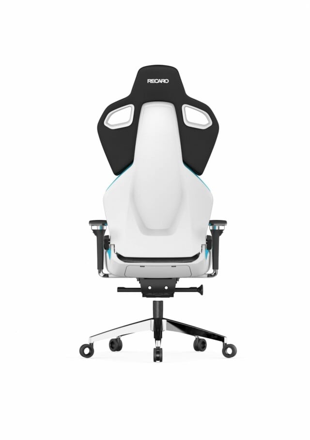 Der RECARO Gaming Exo Platinum ist ein weiß-schwarzer ergonomischer Gaming-Stuhl mit hoher Rückenlehne, verstellbaren Armlehnen, Spezialrollen und dem RECARO-Logo auf der Kopfstütze, das von hinten vor einem schlichten weißen Hintergrund abgebildet ist.