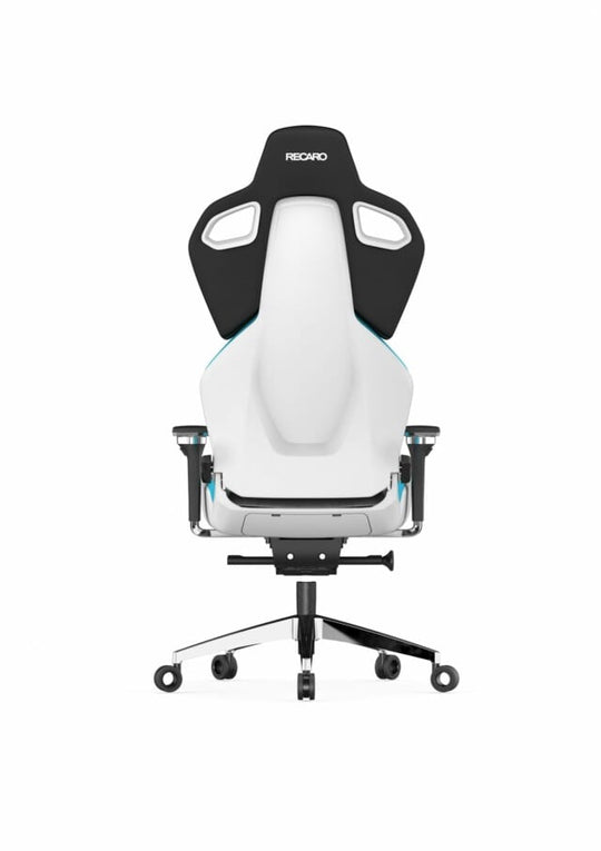 Der RECARO Gaming Exo Platinum ist ein weiß-schwarzer ergonomischer Gaming-Stuhl mit hoher Rückenlehne, verstellbaren Armlehnen, Spezialrollen und dem RECARO-Logo auf der Kopfstütze, das von hinten vor einem schlichten weißen Hintergrund abgebildet ist.