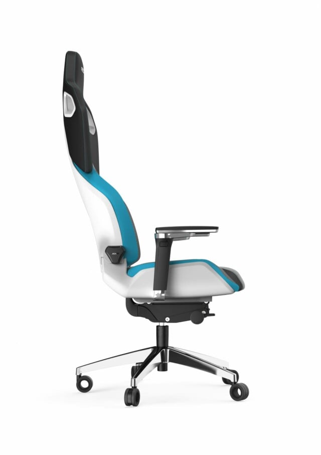 Der RECARO Exo Platinum von RECARO Gaming ist ein moderner ergonomischer Bürostuhl mit hoher Rückenlehne, verstellbaren Armlehnen und einem Design in Weiß, Schwarz und Blaugrün. Er besteht aus langlebigen Copolymer-Komponenten und wird im Profil auf einem Fünfrad-Untergestell präsentiert.