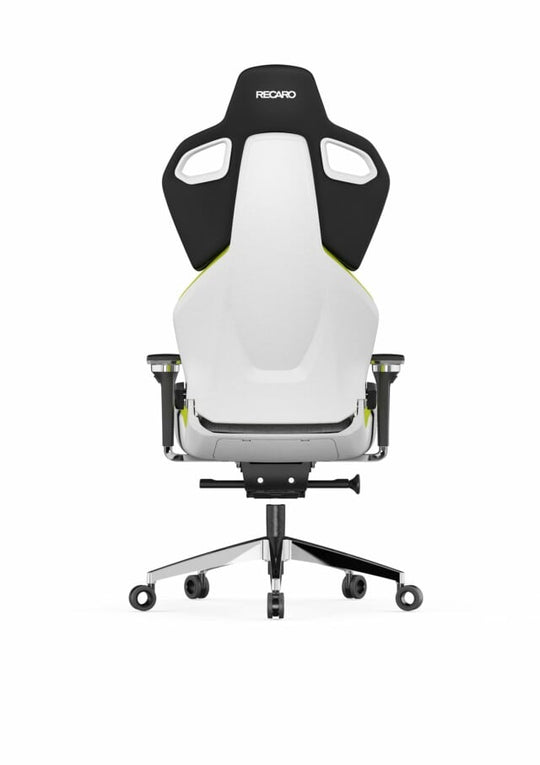 Der RECARO Exo Platinum von RECARO Gaming ist ein weiß-schwarzer ergonomischer Bürostuhl mit atmungsaktivem Stoff, hoher Rückenlehne mit Aussparungen für die Kopfstütze, speziellen Rollen auf einem Fünfrad-Untergestell und dem sichtbaren RECARO-Logo oben hinten.