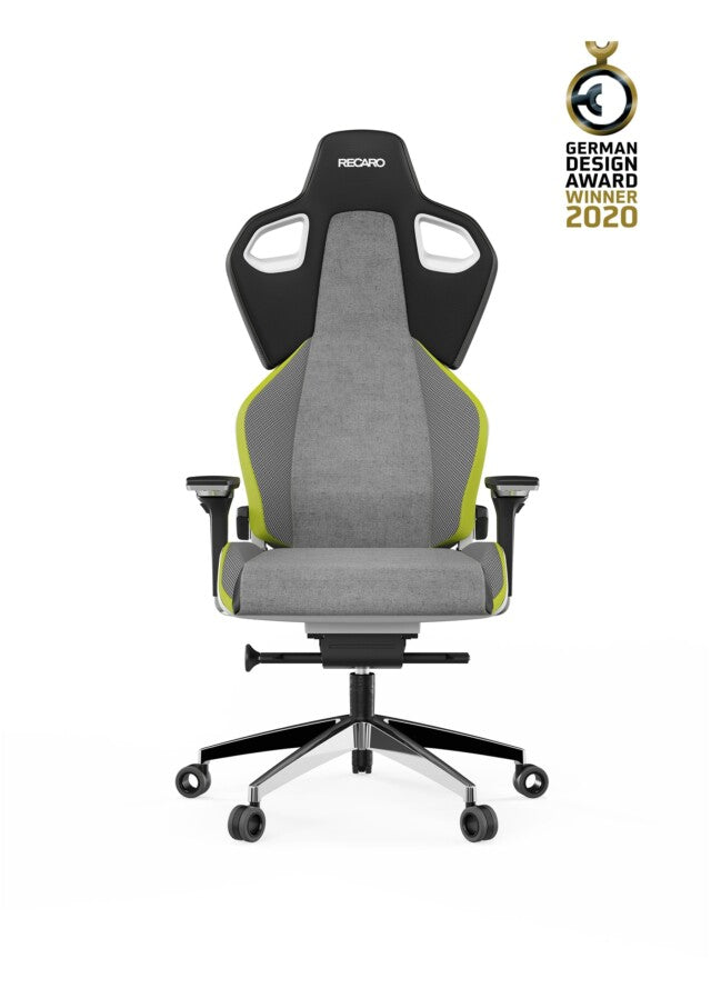 Der RECARO Exo Platinum von RECARO Shop ist ein moderner ergonomischer Bürostuhl mit hoher Rückenlehne, Kopfstütze, grün-grauem, atmungsaktivem Stoffbezug, Spezialrollen und RECARO-Logo. Das Badge „German Design Award Winner 2020“ erscheint oben rechts.